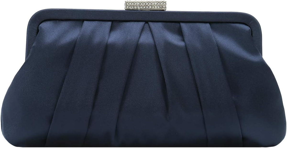 Classic Pleated Satin Clutch Bag Diamante Embellished Formal Handbag for Wedding, Prom, Black-Tie Events.