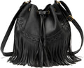 Leather Bucket Bags Crossbody Fringe with Drawstring Tassel and Shoulder Handbags.