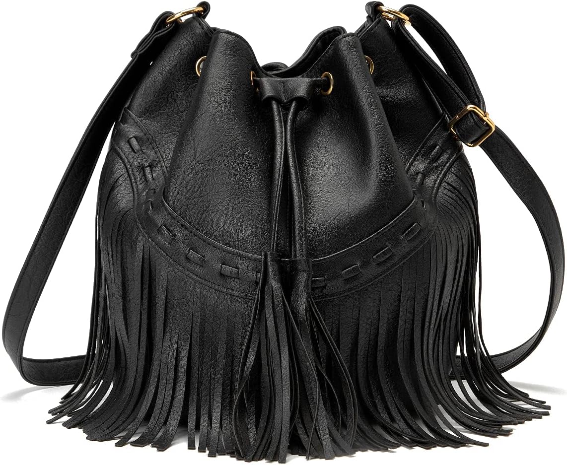 Leather Bucket Bags Crossbody Fringe with Drawstring Tassel and Shoulder Handbags.