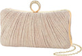 Womens Golden Glitter Clutch Purse Pleated Evening Bag for Bridal Wedding Party with Rhinestone Ring.