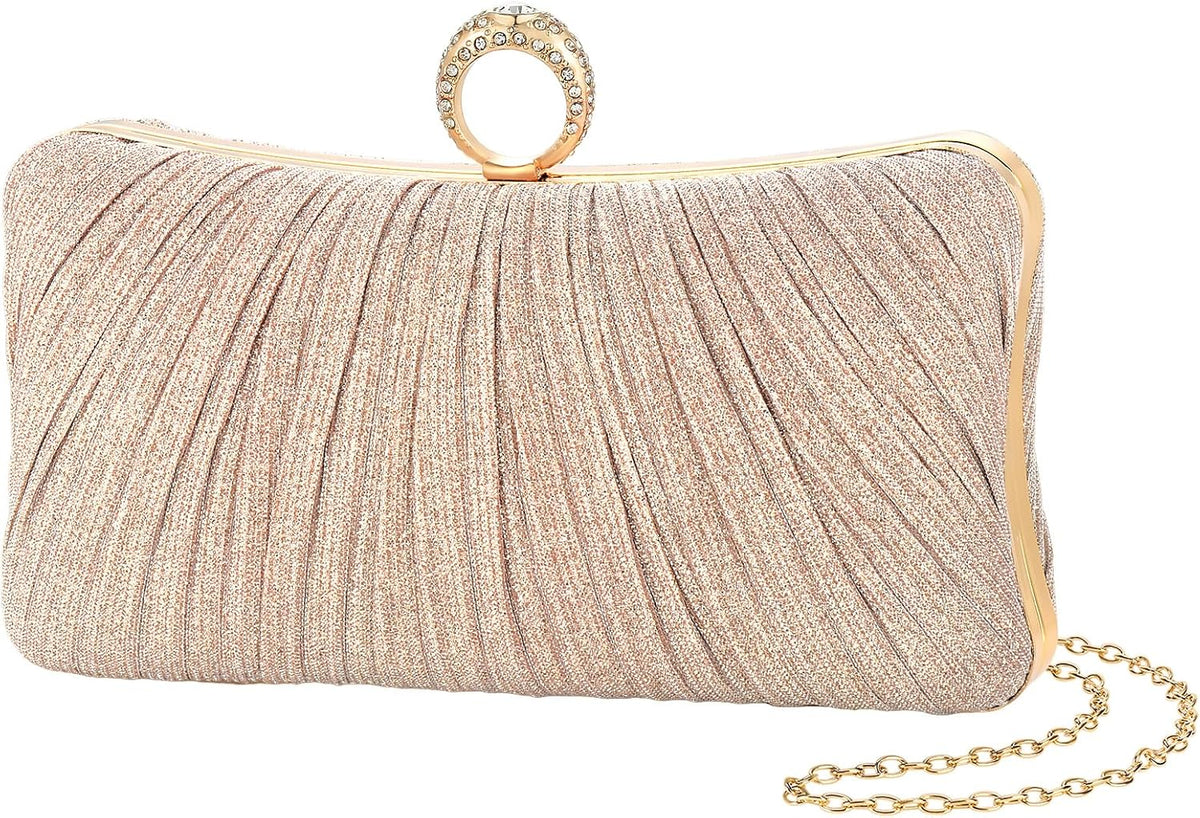 Womens Golden Glitter Clutch Purse Pleated Evening Bag for Bridal Wedding Party with Rhinestone Ring.