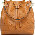 Woven Leather Bucket Bags Drawstring Crossbody and Shoulder Handbags with 2 Straps.